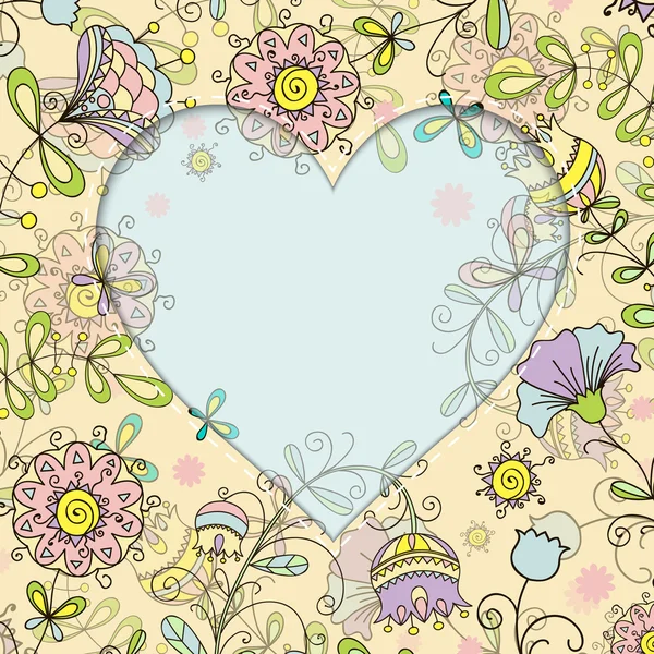 Frame with floral pattern and heart doodle style — Stock Vector