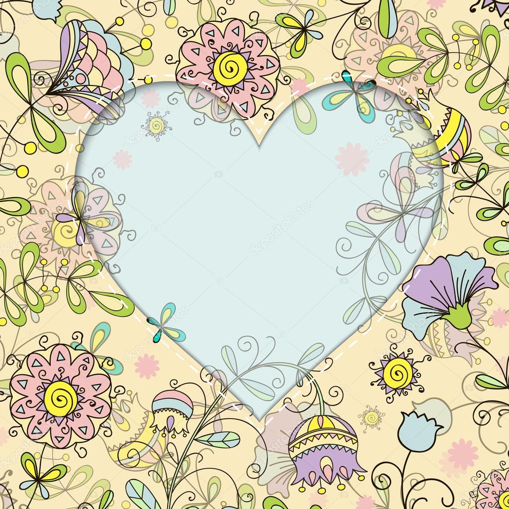 frame with floral pattern and heart doodle style