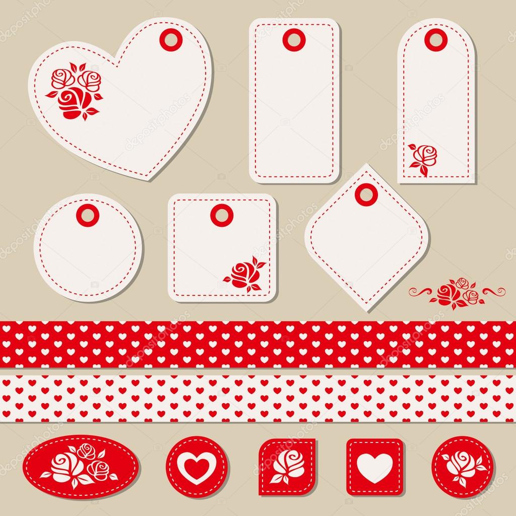 set of romantic tags, stickers, ribbons