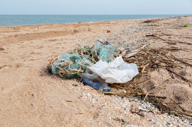 : Çöplükte ve kirlilik, Plastik atıkların kar fırtınaları sonra sahilde. Azak Denizi. Dolzhanskaya tükürük