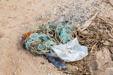 : Çöplükte ve kirlilik, Plastik atıkların kar fırtınaları sonra sahilde. Azak Denizi. Dolzhanskaya tükürük