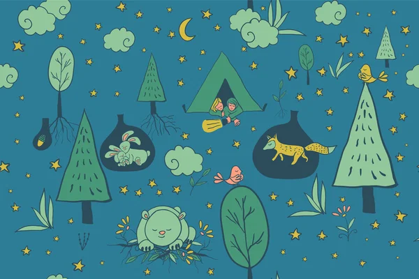 Escena de la vida nocturna del bosque — Vector de stock