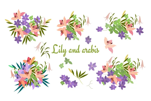 Tarjeta de felicitación con flores de lirio y arabis — Vector de stock