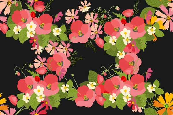 Floral φόντο παπαρούνας και cosmos φράουλες — Διανυσματικό Αρχείο