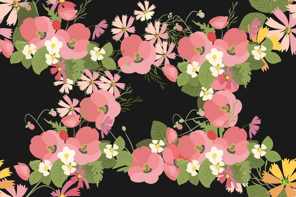 Floral coquelicot et cosmos fraises fond — Image vectorielle