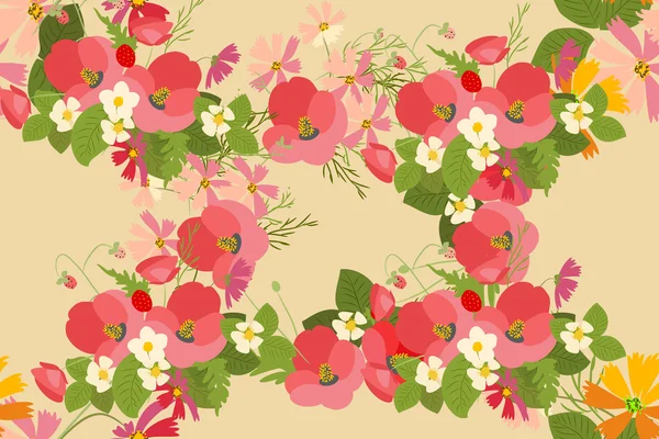 Floral poppy and cosmos strawberries background — Stock Vector