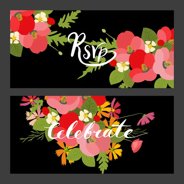 Floral amapola y cosmos fresas fondo — Vector de stock