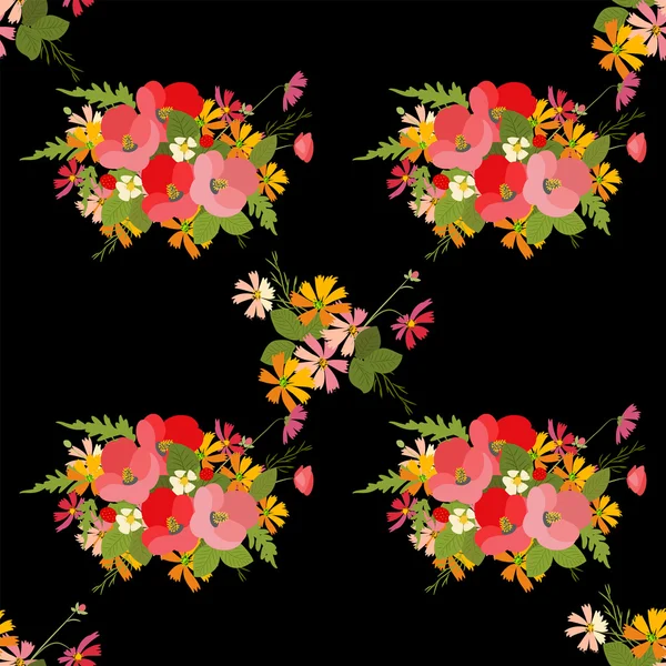 Floral amapola y cosmos fresas fondo — Vector de stock