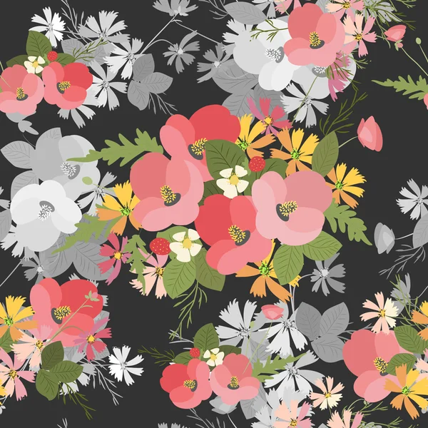 Blumen Mohn und Kosmos Erdbeeren Hintergrund — Stockvektor