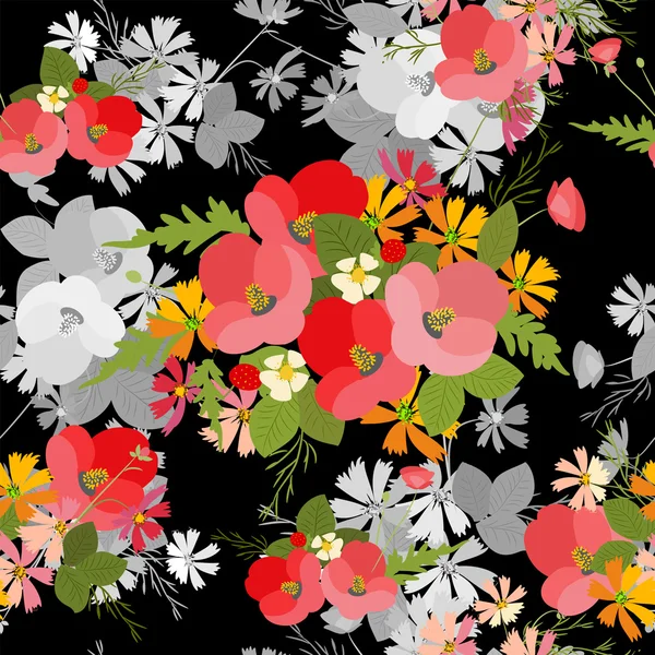 Floral poppy and cosmos strawberries background — Stock Vector