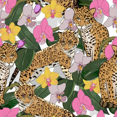 Orkide çiçek ve jaguar seamless modeli