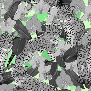Orkide çiçek ve jaguar seamless modeli