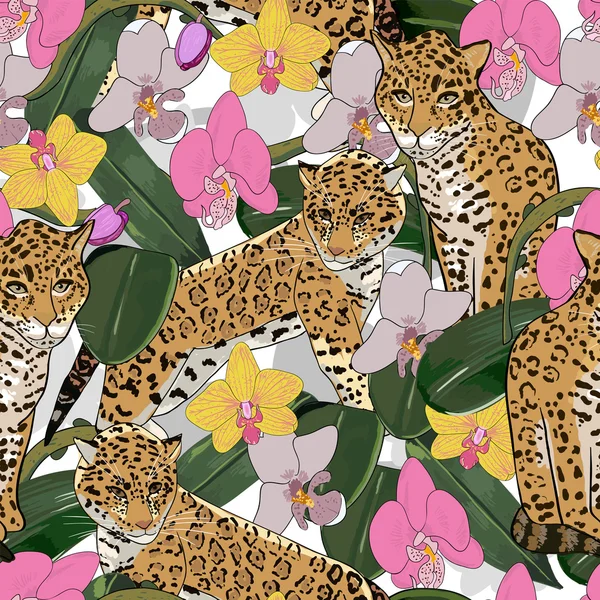 Χωρίς ραφή πρότυπο από λουλούδια ορχιδέας και jaguar — Διανυσματικό Αρχείο
