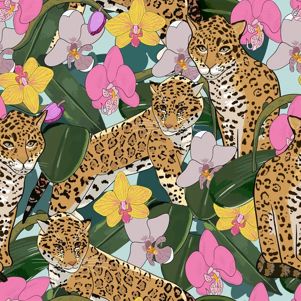 Naadloze patroon van orchideebloemen en jaguar — Stockvector