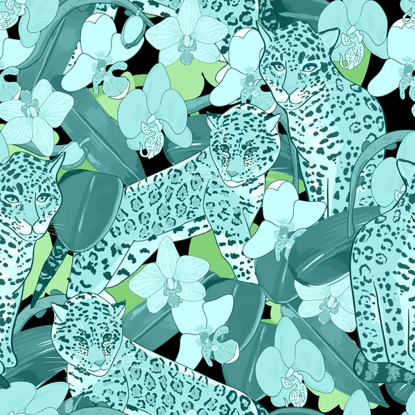 蘭の花とジャガーのシームレス パターン — ストックベクタ