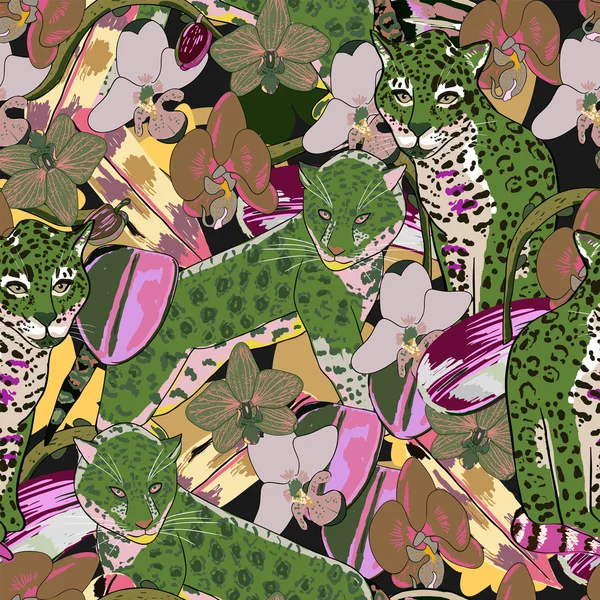 蘭の花とジャガーのシームレス パターン — ストックベクタ