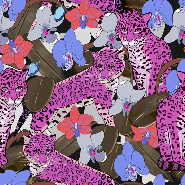 Seamless pattern of orchid flowers and jaguar — Stock Vector