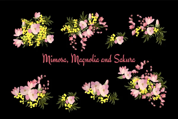 Цветы и листья мимозы — стоковый вектор