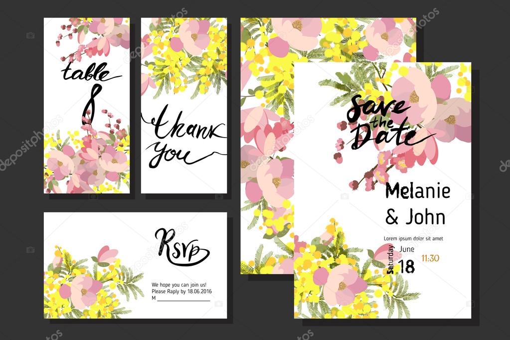 cards with Mimosa flowers and leaves