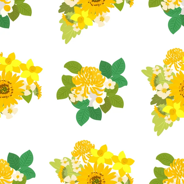 Zonnebloemen, narcissus en chrysant bloemen — Stockvector
