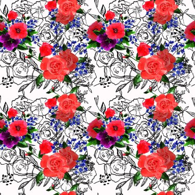 Suluboya güller ve unutma çiçekler