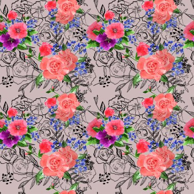 Suluboya güller ve unutma çiçekler