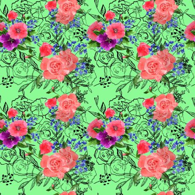 Suluboya güller ve unutma çiçekler