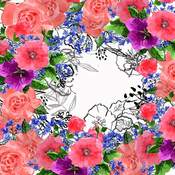 Akvarell rosor och förgätmigej blommor — Stockfoto