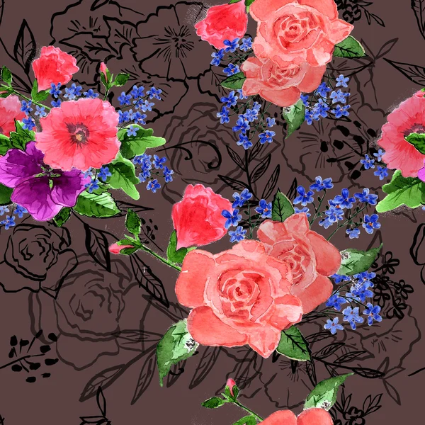 Ακουαρέλα τριαντάφυλλα και λουλούδια ηελοχάρης — Φωτογραφία Αρχείου