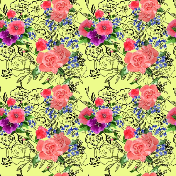 Suluboya güller ve unutma çiçekler