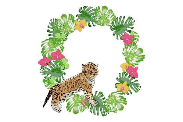 Imprimir orquídea de flores exóticas y jaguar . — Vector de stock