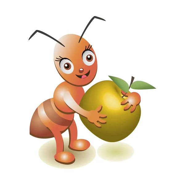 Милый муравей держит спелое яблоко — стоковый вектор