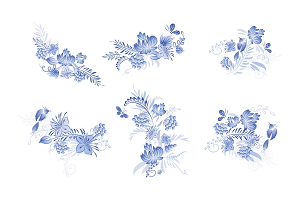 Conjunto de flores azules y aves — Vector de stock