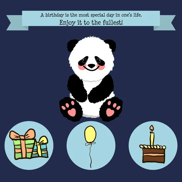 Congratulations birthday with a character panda, a balloon, cake and g — Stock Vector