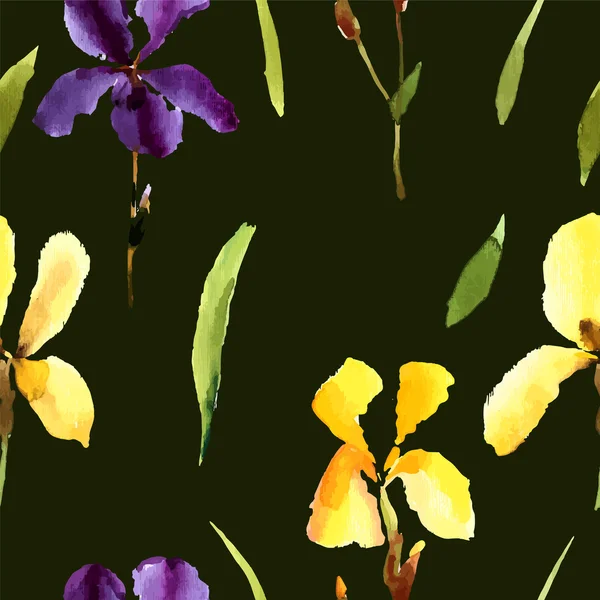 Iris acquerello su nero — Vettoriale Stock
