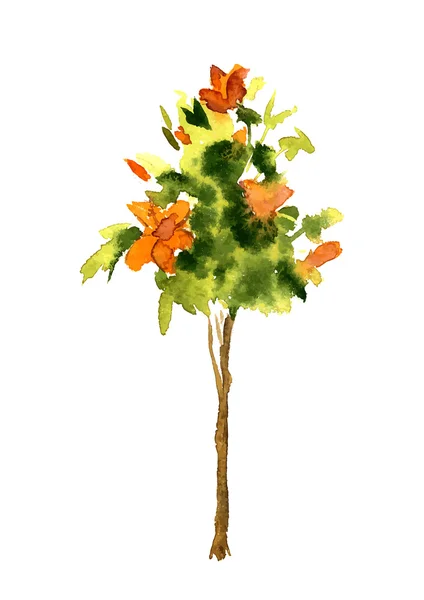 Акварельный гибискус с листьями — стоковый вектор
