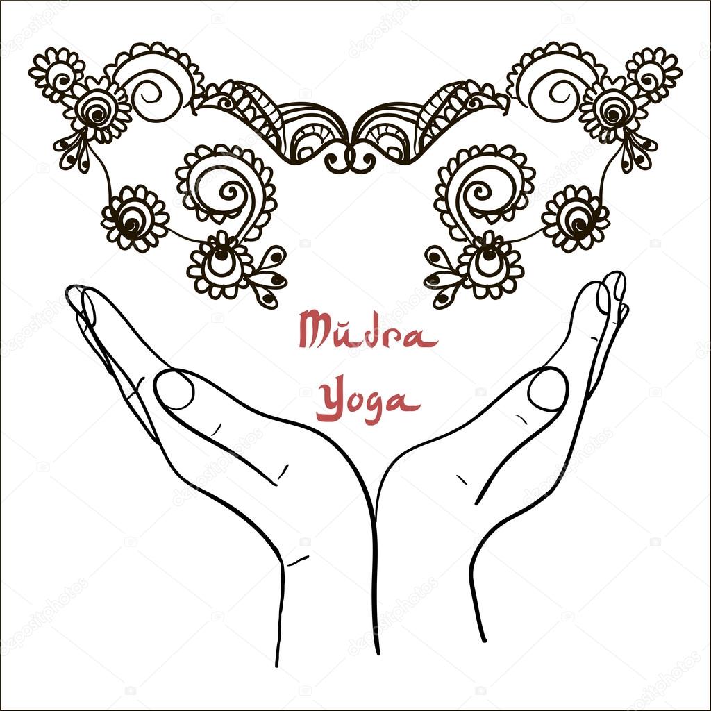 Mudra hands with mehndi patterns.