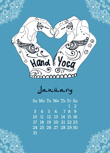 Éléments du calendrier avec mains de yoga mudra et dessin mehendi . — Image vectorielle