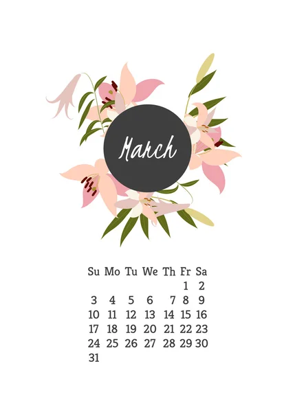 Calendar for 2016 with flowers lily — Stock Vector