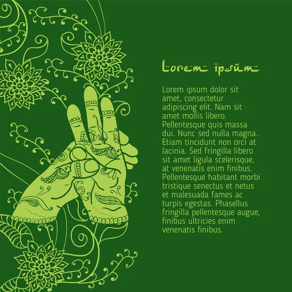 Surya mudra händer med mehendi mönster. — Stock vektor