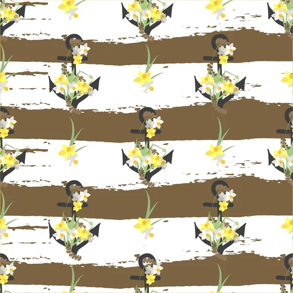 Φόντο με λουλούδια του Νάρκισσου και άγκυρες — Διανυσματικό Αρχείο