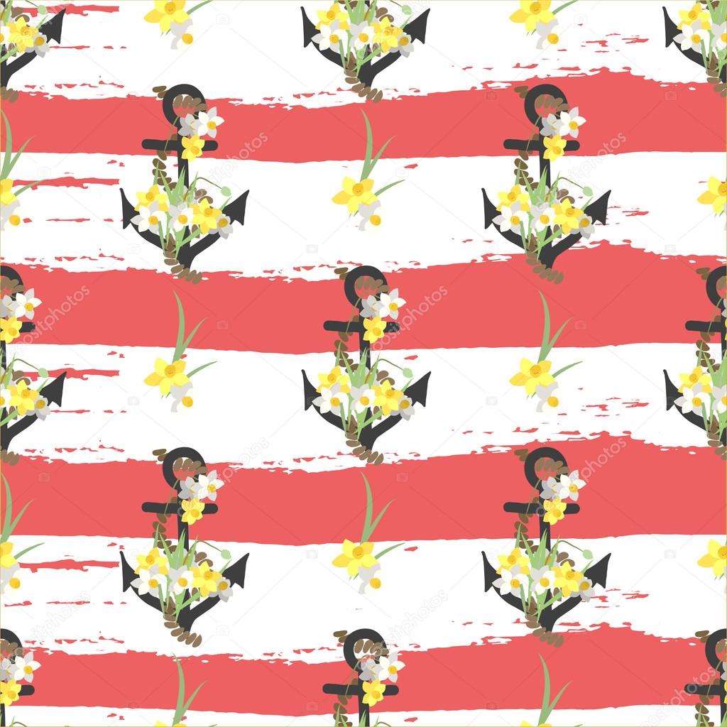 Background with narcissus flowers and anchors