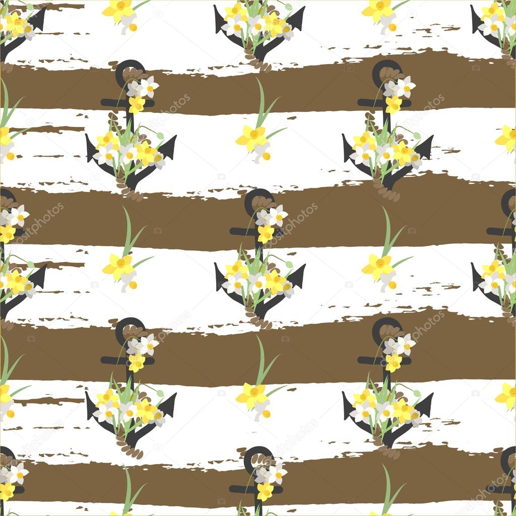 Background with narcissus flowers and anchors