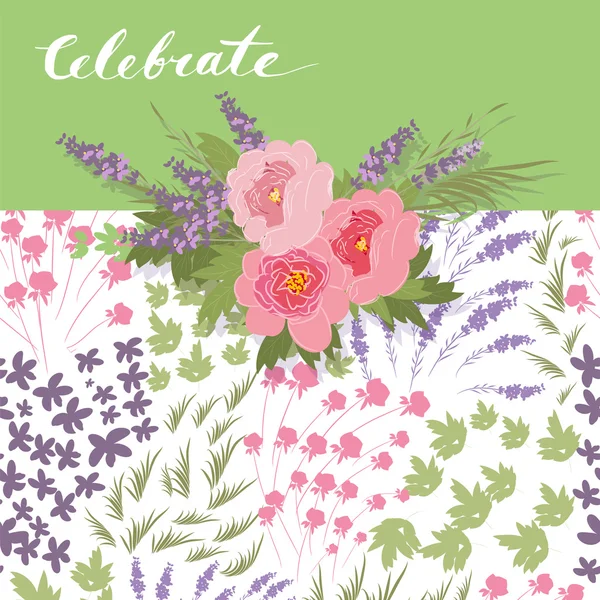 Peonía floral y lavanda retro — Archivo Imágenes Vectoriales