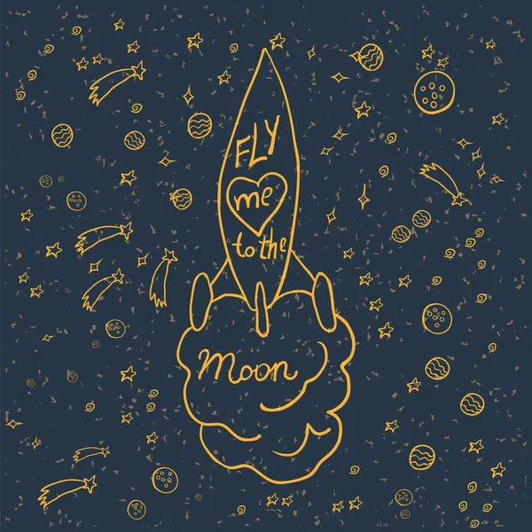 Cohete en el espacio con estrellas y signo — Vector de stock