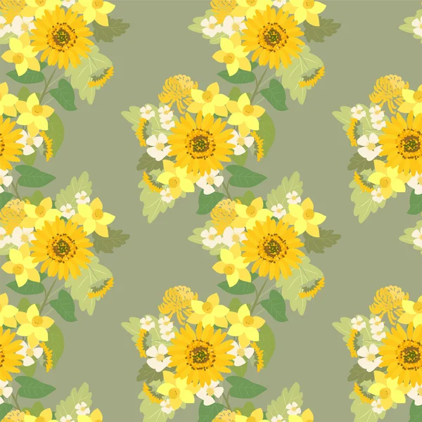 Zonnebloemen, narcissuses, aardbeien bloemen — Stockvector