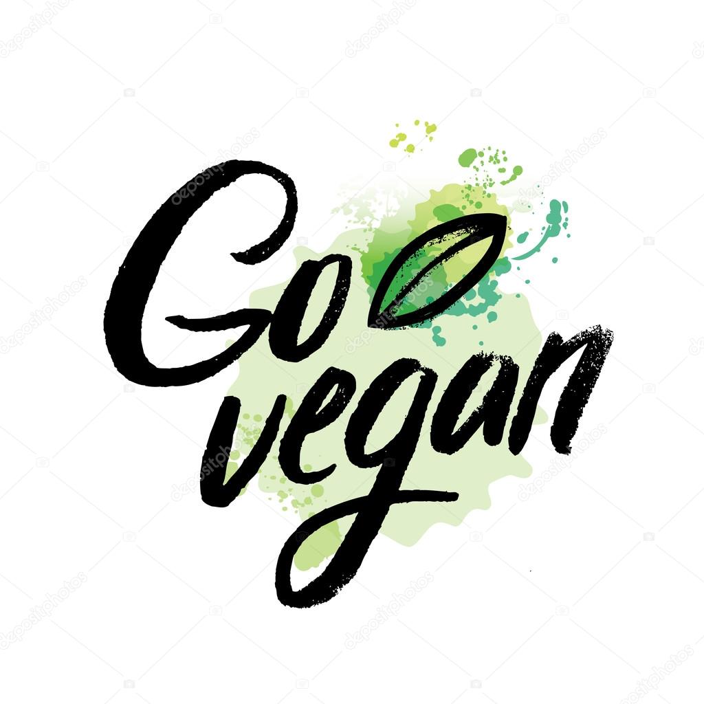 Words GO VEGAN in simple and cute frame with green branches and leaves. Vectorized watercolor drawing.