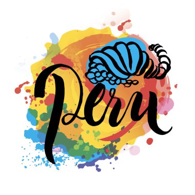 Peru hand lettering and colorful watercolor elements background. clipart