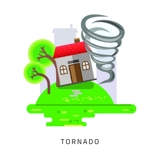 Tornado swirl damages village house roof vector illustration