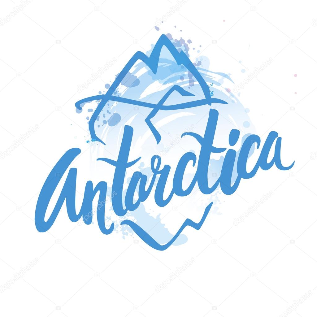 Antarctica - lettering logo with watercolor splash isolated. Hand drawn illustration in vector. Iceberg on a white background. Icon.
